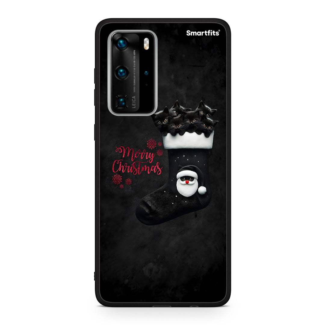 Huawei P40 Pro Merry Cat Christmas θήκη από τη Smartfits με σχέδιο στο πίσω μέρος και μαύρο περίβλημα | Smartphone case with colorful back and black bezels by Smartfits