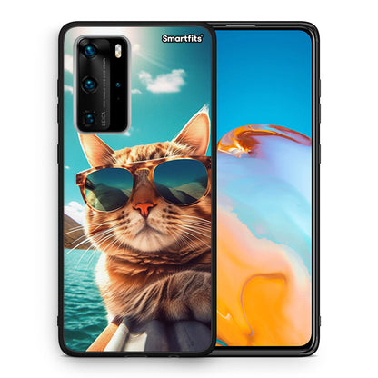 Θήκη Huawei P40 Pro Summer Cat από τη Smartfits με σχέδιο στο πίσω μέρος και μαύρο περίβλημα | Huawei P40 Pro Summer Cat case with colorful back and black bezels