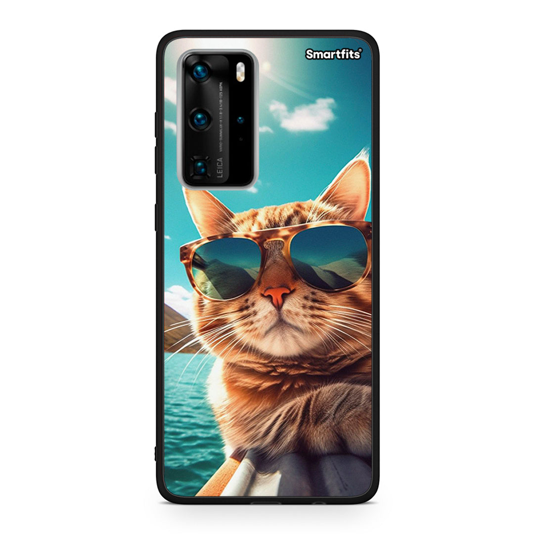 Huawei P40 Pro Summer Cat θήκη από τη Smartfits με σχέδιο στο πίσω μέρος και μαύρο περίβλημα | Smartphone case with colorful back and black bezels by Smartfits