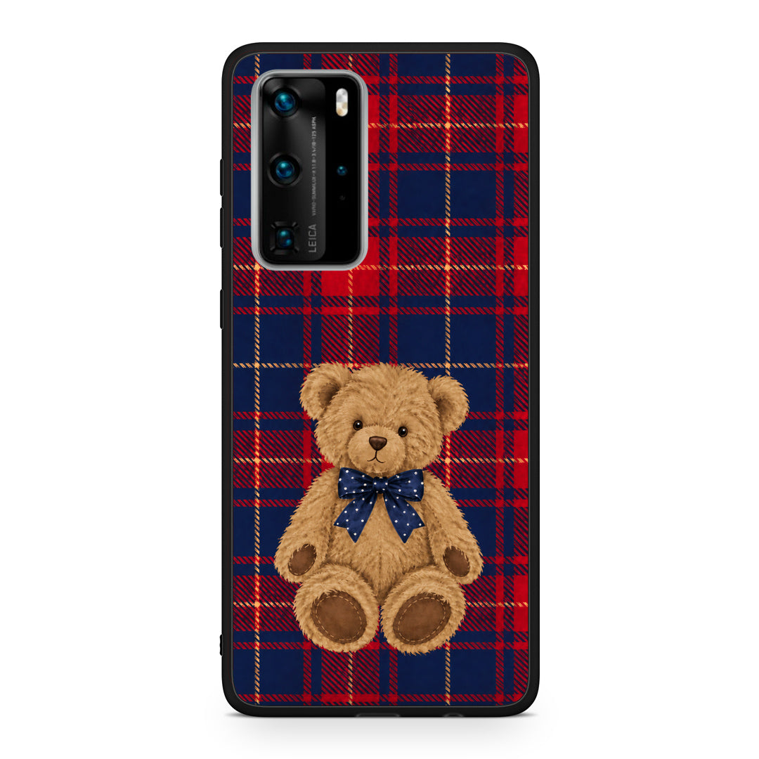 Θήκη Huawei P40 Pro Teddy Bear on Red and Navy Tartan από τη Smartfits με σχέδιο στο πίσω μέρος και μαύρο περίβλημα | Huawei P40 Pro Teddy Bear on Red and Navy Tartan case with colorful back and black bezels