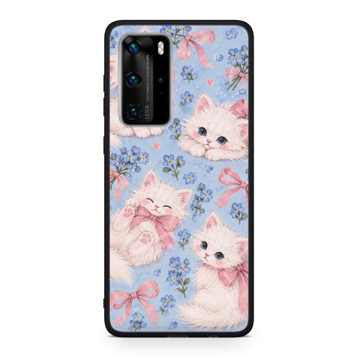 Θήκη Huawei P40 Pro White Kittens and Blue Flowers Large από τη Smartfits με σχέδιο στο πίσω μέρος και μαύρο περίβλημα | Huawei P40 Pro White Kittens and Blue Flowers Large case with colorful back and black bezels