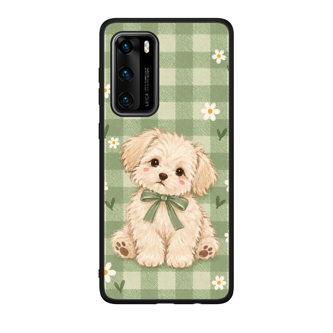 Θήκη Huawei P40 Puppy and Daisies on Sage Gingham από τη Smartfits με σχέδιο στο πίσω μέρος και μαύρο περίβλημα | Huawei P40 Puppy and Daisies on Sage Gingham case with colorful back and black bezels