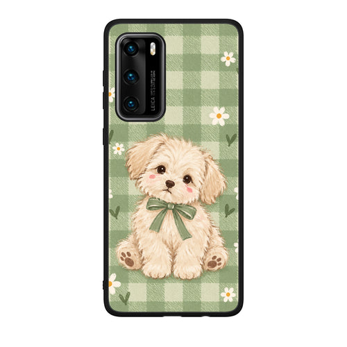 Θήκη Huawei P40 Puppy and Daisies on Sage Gingham από τη Smartfits με σχέδιο στο πίσω μέρος και μαύρο περίβλημα | Huawei P40 Puppy and Daisies on Sage Gingham case with colorful back and black bezels