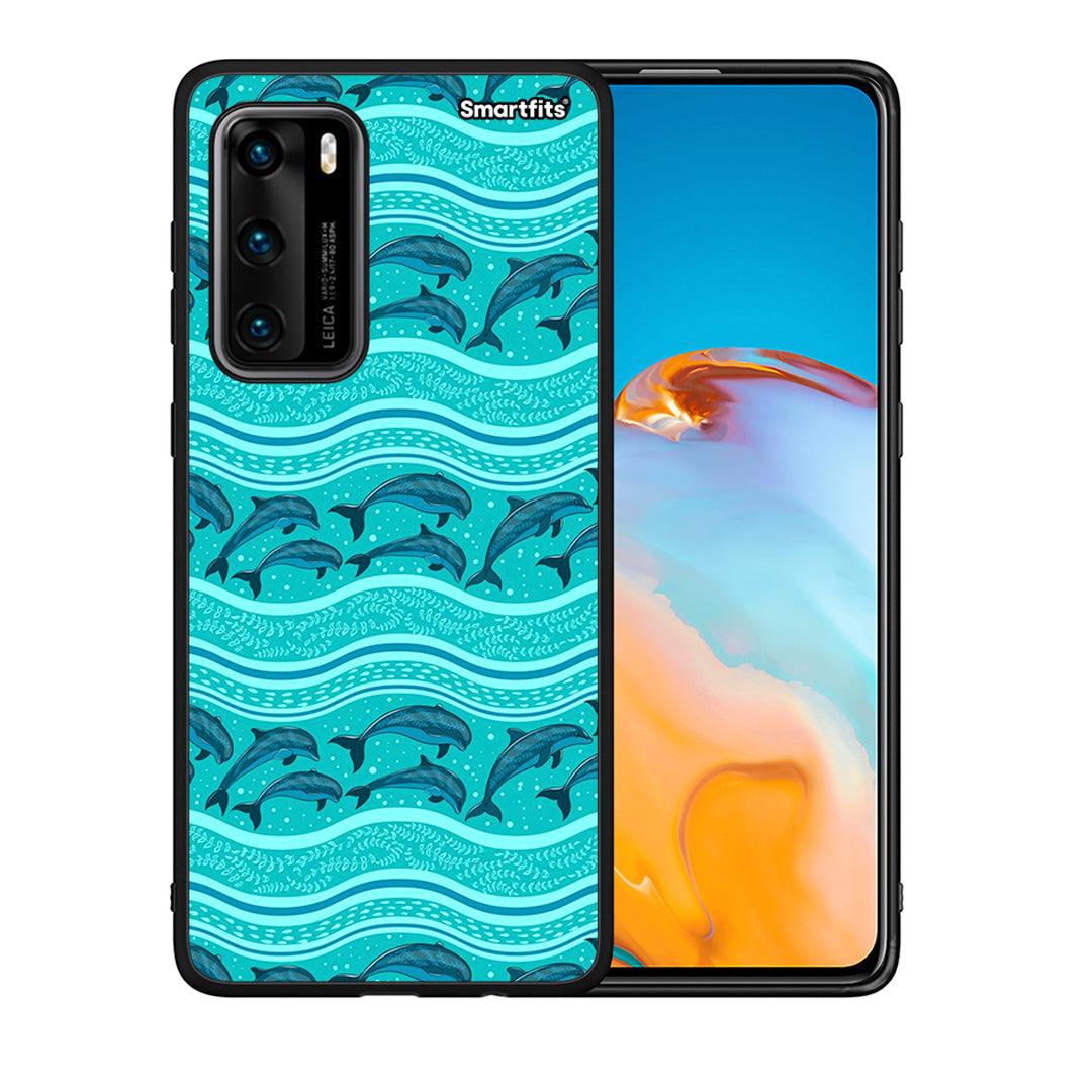 Θήκη Huawei P40 Swimming Dolphins από τη Smartfits με σχέδιο στο πίσω μέρος και μαύρο περίβλημα | Huawei P40 Swimming Dolphins case with colorful back and black bezels