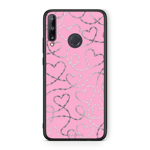 Θήκη Huawei P40 Lite E Barbed Wire Hearts on Pink από τη Smartfits με σχέδιο στο πίσω μέρος και μαύρο περίβλημα | Huawei P40 Lite E Barbed Wire Hearts on Pink case with colorful back and black bezels