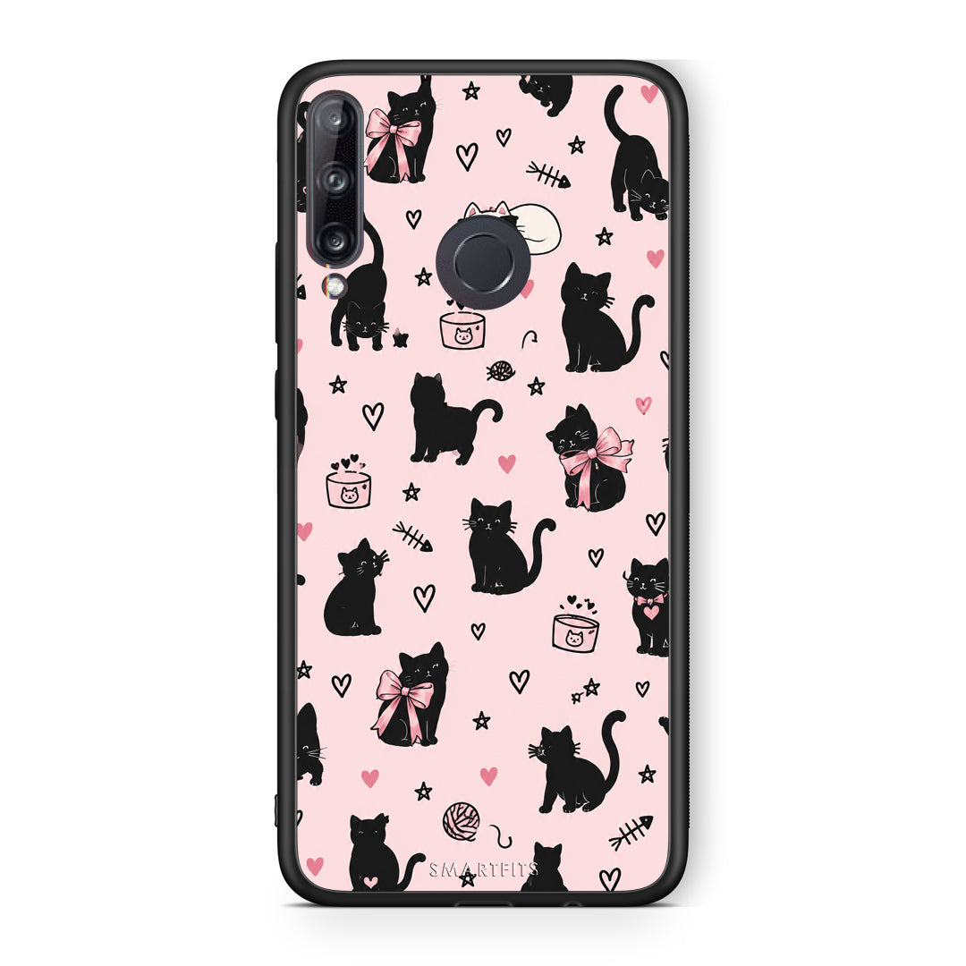 Θήκη Huawei P40 Lite E Black Cat Doodles on Pink από τη Smartfits με σχέδιο στο πίσω μέρος και μαύρο περίβλημα | Huawei P40 Lite E Black Cat Doodles on Pink case with colorful back and black bezels