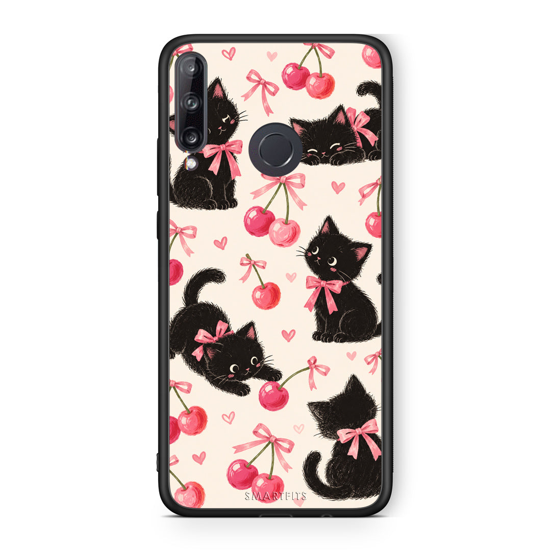 Θήκη Huawei P40 Lite E Black Kittens and Cherries on Cream από τη Smartfits με σχέδιο στο πίσω μέρος και μαύρο περίβλημα | Huawei P40 Lite E Black Kittens and Cherries on Cream case with colorful back and black bezels