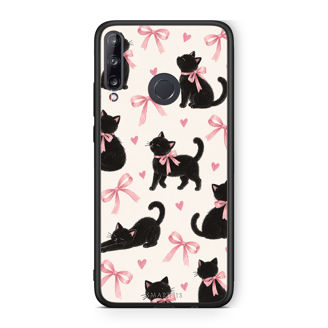 Θήκη Huawei P40 Lite E Black Kittens and Pink Bows on Cream Large από τη Smartfits με σχέδιο στο πίσω μέρος και μαύρο περίβλημα | Huawei P40 Lite E Black Kittens and Pink Bows on Cream Large case with colorful back and black bezels