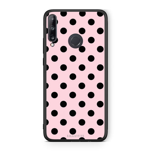 Θήκη Huawei P40 Lite E Black Polka Dots on Pink από τη Smartfits με σχέδιο στο πίσω μέρος και μαύρο περίβλημα | Huawei P40 Lite E Black Polka Dots on Pink case with colorful back and black bezels