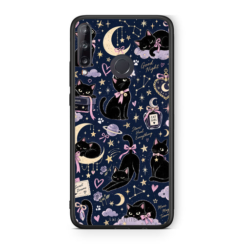 Θήκη Huawei P40 Lite E Celestial Black Cats on Navy από τη Smartfits με σχέδιο στο πίσω μέρος και μαύρο περίβλημα | Huawei P40 Lite E Celestial Black Cats on Navy case with colorful back and black bezels