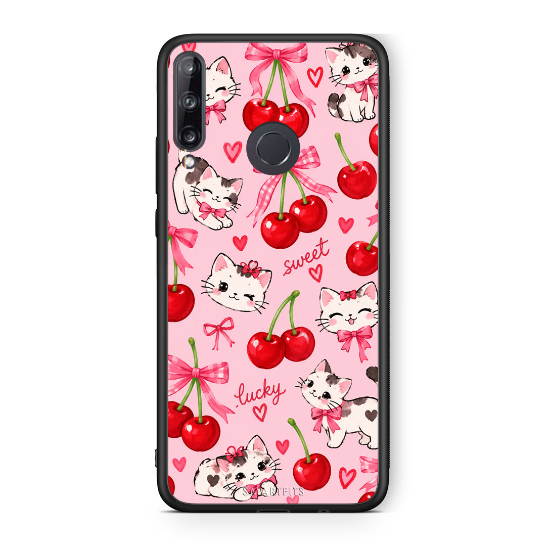 Θήκη Huawei P40 Lite E Cherries Bows and Kittens on Pink από τη Smartfits με σχέδιο στο πίσω μέρος και μαύρο περίβλημα | Huawei P40 Lite E Cherries Bows and Kittens on Pink case with colorful back and black bezels