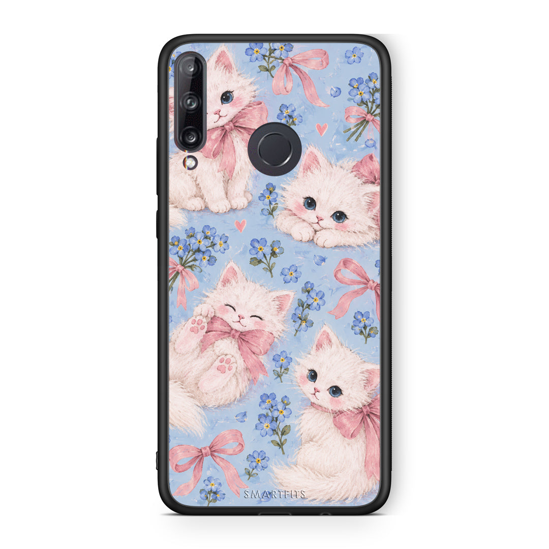 Θήκη Huawei P40 Lite E White Kittens and Blue Flowers Large από τη Smartfits με σχέδιο στο πίσω μέρος και μαύρο περίβλημα | Huawei P40 Lite E White Kittens and Blue Flowers Large case with colorful back and black bezels