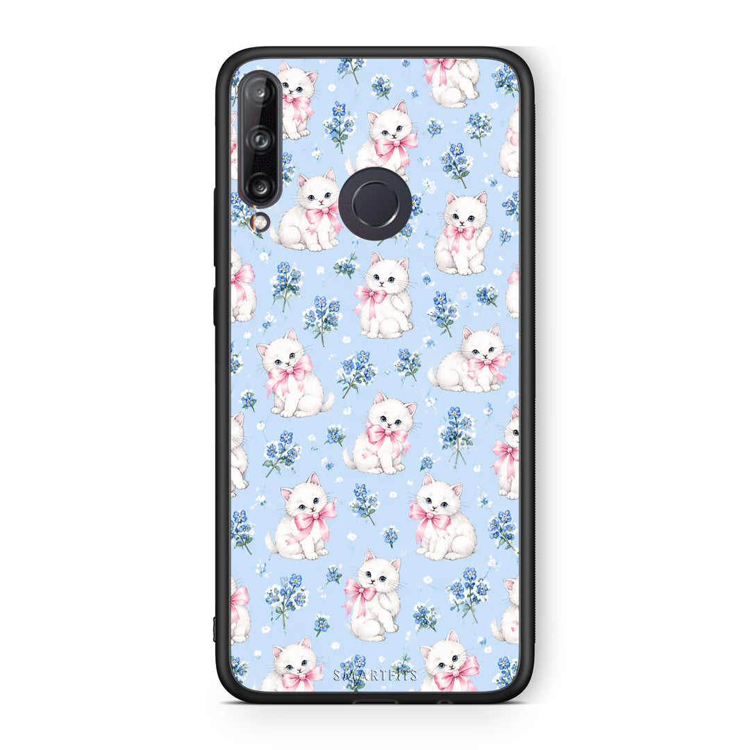 Θήκη Huawei P40 Lite E White Kittens and Blue Flowers Small από τη Smartfits με σχέδιο στο πίσω μέρος και μαύρο περίβλημα | Huawei P40 Lite E White Kittens and Blue Flowers Small case with colorful back and black bezels