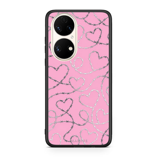 Θήκη Huawei P50 Barbed Wire Hearts on Pink από τη Smartfits με σχέδιο στο πίσω μέρος και μαύρο περίβλημα | Huawei P50 Barbed Wire Hearts on Pink case with colorful back and black bezels