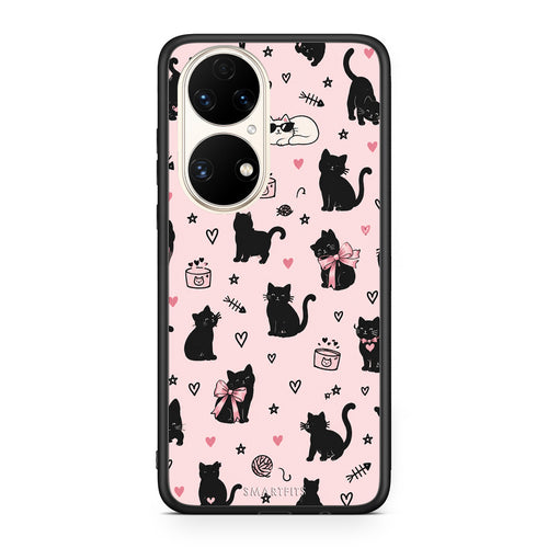 Θήκη Huawei P50 Black Cat Doodles on Pink από τη Smartfits με σχέδιο στο πίσω μέρος και μαύρο περίβλημα | Huawei P50 Black Cat Doodles on Pink case with colorful back and black bezels