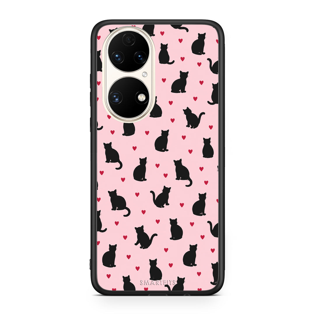 Θήκη Huawei P50 Black Cat Silhouettes and Hearts on Pink από τη Smartfits με σχέδιο στο πίσω μέρος και μαύρο περίβλημα | Huawei P50 Black Cat Silhouettes and Hearts on Pink case with colorful back and black bezels