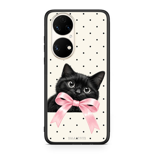 Θήκη Huawei P50 Black Kitten Pink Bow and Polka Dots από τη Smartfits με σχέδιο στο πίσω μέρος και μαύρο περίβλημα | Huawei P50 Black Kitten Pink Bow and Polka Dots case with colorful back and black bezels