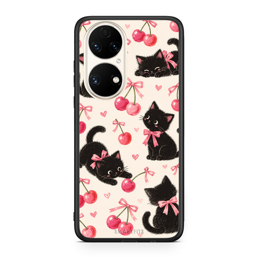 Θήκη Huawei P50 Black Kittens and Cherries on Cream από τη Smartfits με σχέδιο στο πίσω μέρος και μαύρο περίβλημα | Huawei P50 Black Kittens and Cherries on Cream case with colorful back and black bezels