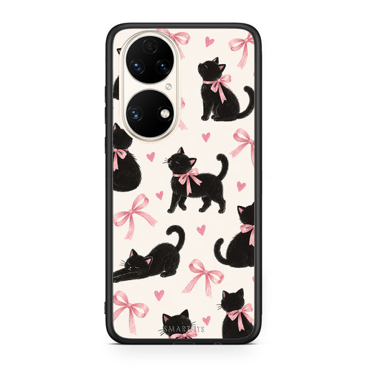 Θήκη Huawei P50 Black Kittens and Pink Bows on Cream Large από τη Smartfits με σχέδιο στο πίσω μέρος και μαύρο περίβλημα | Huawei P50 Black Kittens and Pink Bows on Cream Large case with colorful back and black bezels