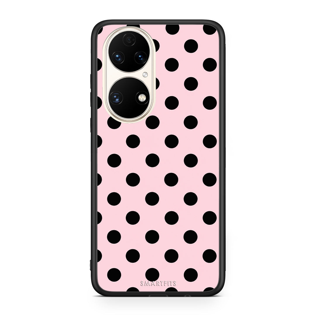 Θήκη Huawei P50 Black Polka Dots on Pink από τη Smartfits με σχέδιο στο πίσω μέρος και μαύρο περίβλημα | Huawei P50 Black Polka Dots on Pink case with colorful back and black bezels