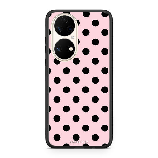 Θήκη Huawei P50 Black Polka Dots on Pink από τη Smartfits με σχέδιο στο πίσω μέρος και μαύρο περίβλημα | Huawei P50 Black Polka Dots on Pink case with colorful back and black bezels