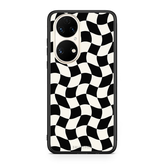 Θήκη Huawei P50 Black and Cream Wavy Checkerboard από τη Smartfits με σχέδιο στο πίσω μέρος και μαύρο περίβλημα | Huawei P50 Black and Cream Wavy Checkerboard case with colorful back and black bezels
