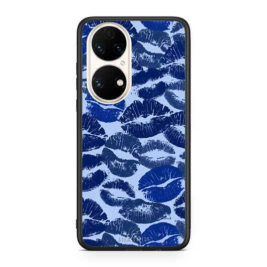 Θήκη Huawei P50 Blue Lipstick Kisses από τη Smartfits με σχέδιο στο πίσω μέρος και μαύρο περίβλημα | Huawei P50 Blue Lipstick Kisses case with colorful back and black bezels