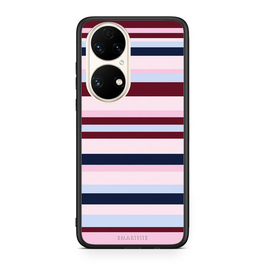 Θήκη Huawei P50 Burgundy Pink and Blue Horizontal Stripes από τη Smartfits με σχέδιο στο πίσω μέρος και μαύρο περίβλημα | Huawei P50 Burgundy Pink and Blue Horizontal Stripes case with colorful back and black bezels