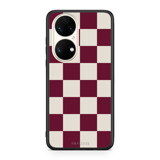 Θήκη Huawei P50 Burgundy and Cream Striped Checks από τη Smartfits με σχέδιο στο πίσω μέρος και μαύρο περίβλημα | Huawei P50 Burgundy and Cream Striped Checks case with colorful back and black bezels