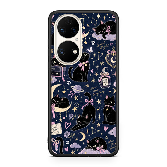 Θήκη Huawei P50 Celestial Black Cats on Navy από τη Smartfits με σχέδιο στο πίσω μέρος και μαύρο περίβλημα | Huawei P50 Celestial Black Cats on Navy case with colorful back and black bezels