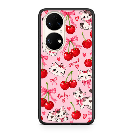 Θήκη Huawei P50 Cherries Bows and Kittens on Pink από τη Smartfits με σχέδιο στο πίσω μέρος και μαύρο περίβλημα | Huawei P50 Cherries Bows and Kittens on Pink case with colorful back and black bezels