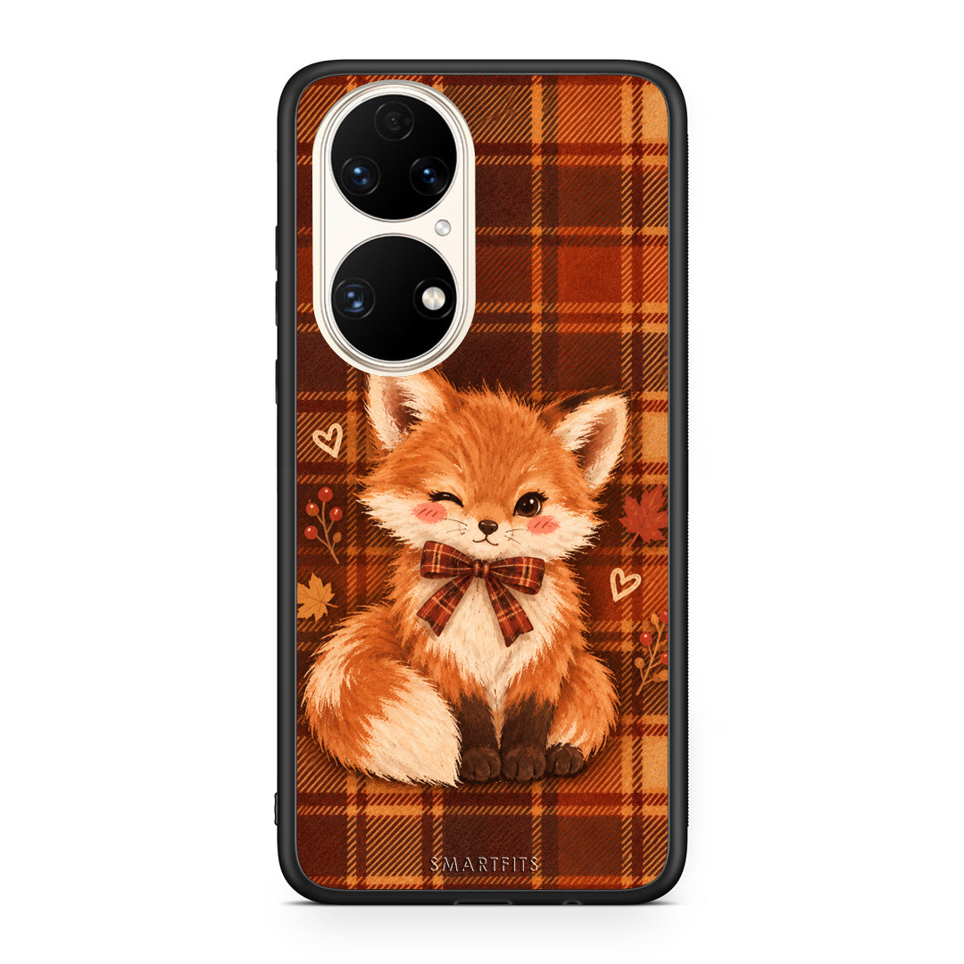 Θήκη Huawei P50 Fox on Autumn Tartan από τη Smartfits με σχέδιο στο πίσω μέρος και μαύρο περίβλημα | Huawei P50 Fox on Autumn Tartan case with colorful back and black bezels