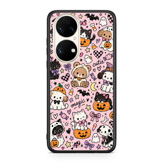 Θήκη Huawei P50 Halloween Cute Animals on Pink από τη Smartfits με σχέδιο στο πίσω μέρος και μαύρο περίβλημα | Huawei P50 Halloween Cute Animals on Pink case with colorful back and black bezels