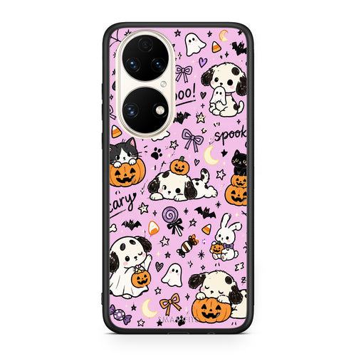 Θήκη Huawei P50 Halloween Puppies and Friends on Lilac από τη Smartfits με σχέδιο στο πίσω μέρος και μαύρο περίβλημα | Huawei P50 Halloween Puppies and Friends on Lilac case with colorful back and black bezels