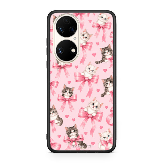 Θήκη Huawei P50 Kittens and Pink Bows on Pink από τη Smartfits με σχέδιο στο πίσω μέρος και μαύρο περίβλημα | Huawei P50 Kittens and Pink Bows on Pink case with colorful back and black bezels