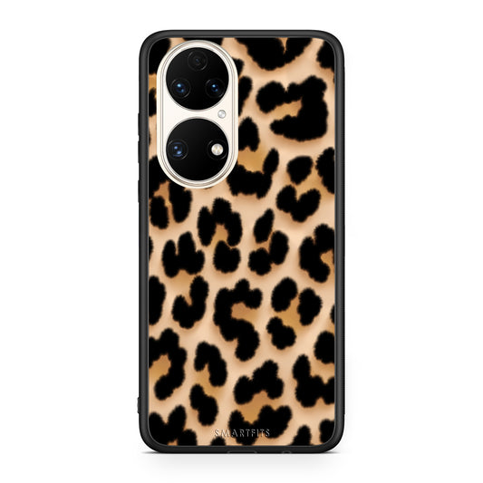 Θήκη Huawei P50 Leopard Print Tan Large από τη Smartfits με σχέδιο στο πίσω μέρος και μαύρο περίβλημα | Huawei P50 Leopard Print Tan Large case with colorful back and black bezels