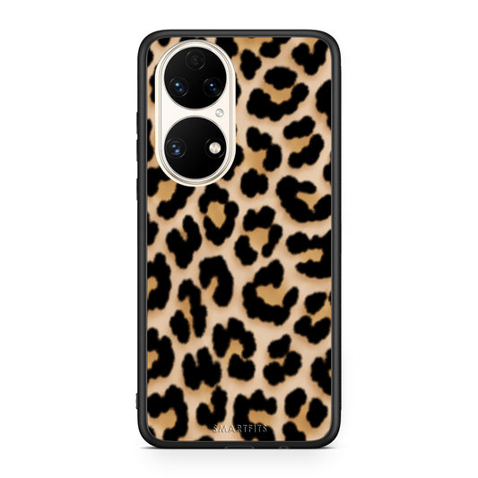 Θήκη Huawei P50 Leopard Print Tan Small από τη Smartfits με σχέδιο στο πίσω μέρος και μαύρο περίβλημα | Huawei P50 Leopard Print Tan Small case with colorful back and black bezels
