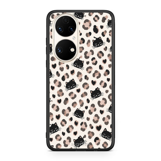 Θήκη Huawei P50 Leopard Spots and Black Cats on Cream από τη Smartfits με σχέδιο στο πίσω μέρος και μαύρο περίβλημα | Huawei P50 Leopard Spots and Black Cats on Cream case with colorful back and black bezels