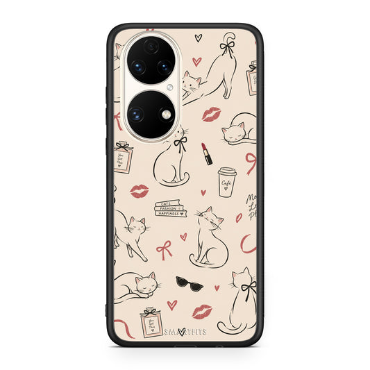 Θήκη Huawei P50 Minimal Cat and Fashion Doodles on Cream από τη Smartfits με σχέδιο στο πίσω μέρος και μαύρο περίβλημα | Huawei P50 Minimal Cat and Fashion Doodles on Cream case with colorful back and black bezels