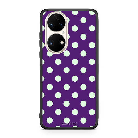 Θήκη Huawei P50 Mint Polka Dots on Purple από τη Smartfits με σχέδιο στο πίσω μέρος και μαύρο περίβλημα | Huawei P50 Mint Polka Dots on Purple case with colorful back and black bezels