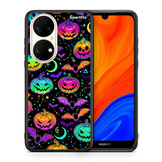 Θήκη Huawei P50 Neon Halloween από τη Smartfits με σχέδιο στο πίσω μέρος και μαύρο περίβλημα | Huawei P50 Neon Halloween case with colorful back and black bezels