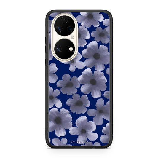 Θήκη Huawei P50 Pale Blue Flowers on Navy από τη Smartfits με σχέδιο στο πίσω μέρος και μαύρο περίβλημα | Huawei P50 Pale Blue Flowers on Navy case with colorful back and black bezels
