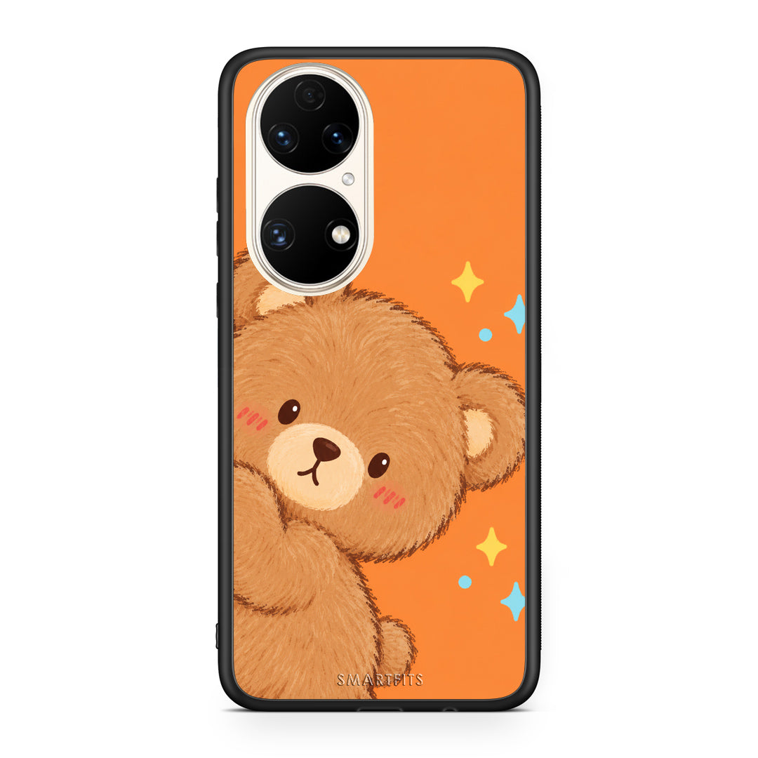 Θήκη Huawei P50 Peekaboo Teddy on Orange από τη Smartfits με σχέδιο στο πίσω μέρος και μαύρο περίβλημα | Huawei P50 Peekaboo Teddy on Orange case with colorful back and black bezels