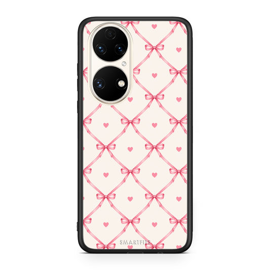 Θήκη Huawei P50 Pink Bow Lattice and Hearts on Cream από τη Smartfits με σχέδιο στο πίσω μέρος και μαύρο περίβλημα | Huawei P50 Pink Bow Lattice and Hearts on Cream case with colorful back and black bezels