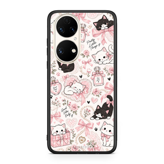 Θήκη Huawei P50 Pink Bows and Kittens Collage από τη Smartfits με σχέδιο στο πίσω μέρος και μαύρο περίβλημα | Huawei P50 Pink Bows and Kittens Collage case with colorful back and black bezels