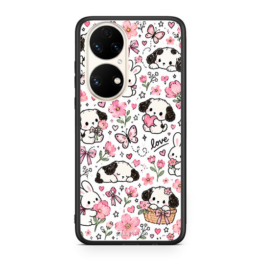 Θήκη Huawei P50 Pink Florals Puppies and Bunnies on White από τη Smartfits με σχέδιο στο πίσω μέρος και μαύρο περίβλημα | Huawei P50 Pink Florals Puppies and Bunnies on White case with colorful back and black bezels