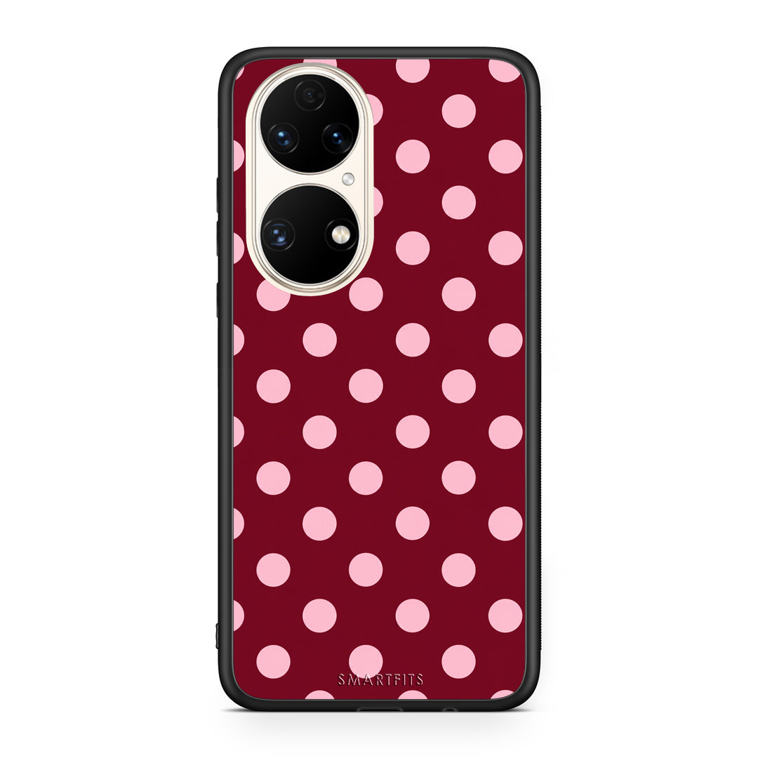 Θήκη Huawei P50 Pink Polka Dots on Burgundy από τη Smartfits με σχέδιο στο πίσω μέρος και μαύρο περίβλημα | Huawei P50 Pink Polka Dots on Burgundy case with colorful back and black bezels