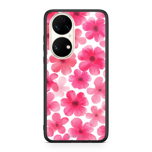 Θήκη Huawei P50 Pink Watercolour Flowers on White από τη Smartfits με σχέδιο στο πίσω μέρος και μαύρο περίβλημα | Huawei P50 Pink Watercolour Flowers on White case with colorful back and black bezels