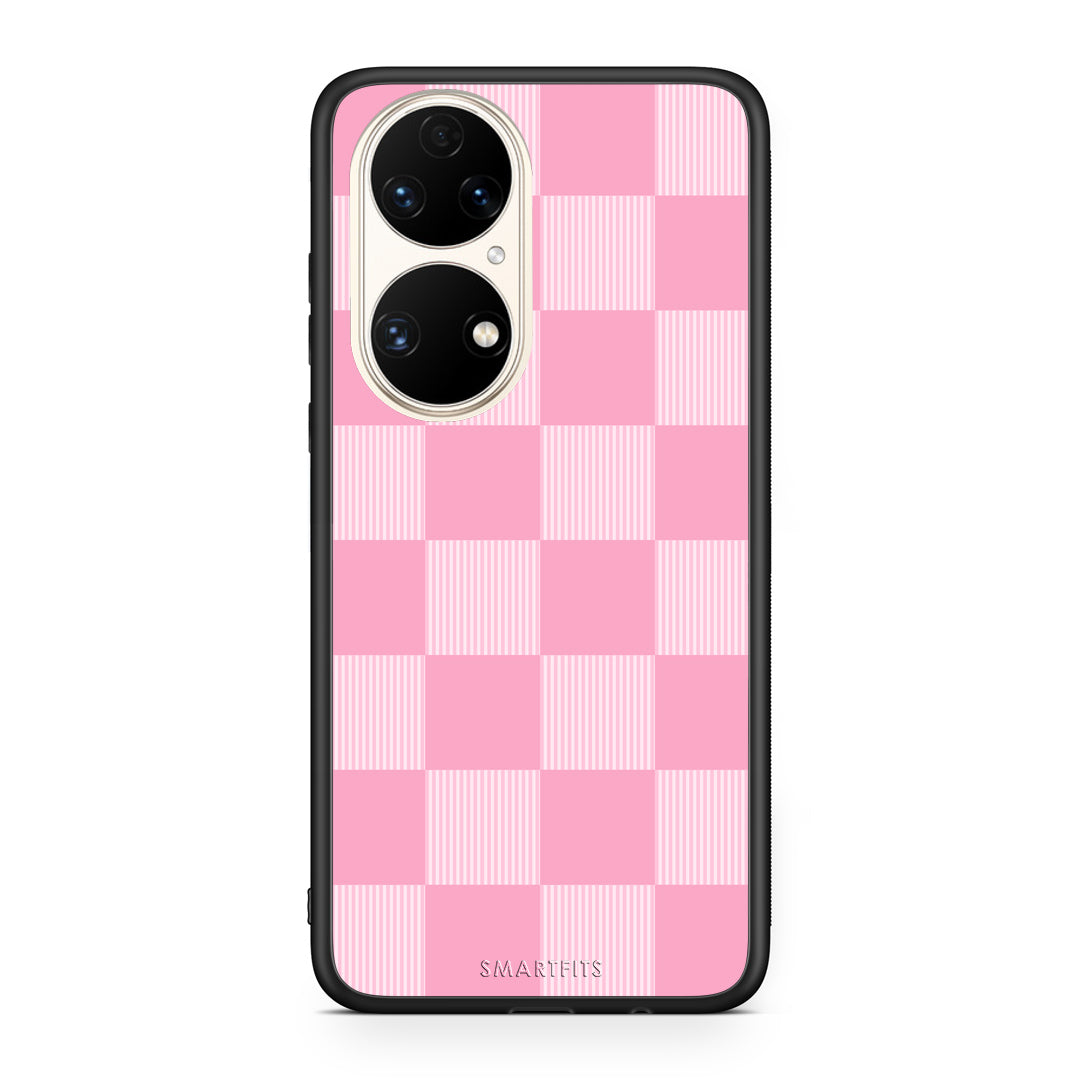 Θήκη Huawei P50 Pink and White Striped Checks από τη Smartfits με σχέδιο στο πίσω μέρος και μαύρο περίβλημα | Huawei P50 Pink and White Striped Checks case with colorful back and black bezels