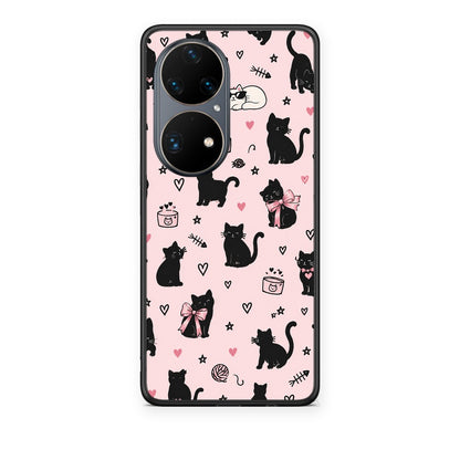 Θήκη Huawei P50 Pro Black Cat Doodles on Pink από τη Smartfits με σχέδιο στο πίσω μέρος και μαύρο περίβλημα | Huawei P50 Pro Black Cat Doodles on Pink case with colorful back and black bezels